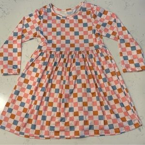 Girls' Pink Multi-Color Check Long-Sleeve Dress 7-8Y